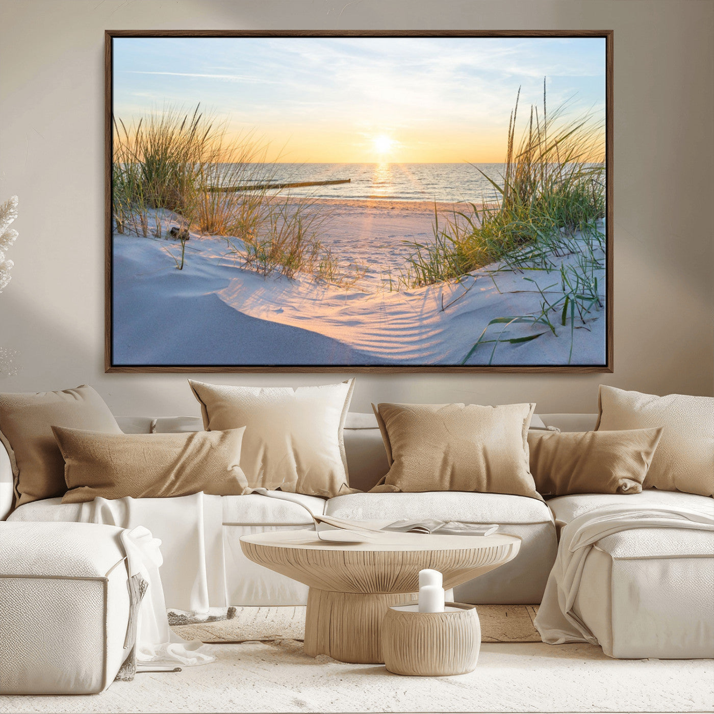 48907-MGV-CV-36X24-Beach Sunset Wall Art – Coastal Sand Dunes and Ocean View Canvas Print, Serene Seaside Landscape Painting for Living Room, Bedroom