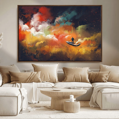 45085-MGV-CV-36X24-Surreal Cosmic Wall Art – Abstract Galaxy Dreamscape Canvas Print with Man and Dog in Boat, Fantasy Nebula Painting for Living