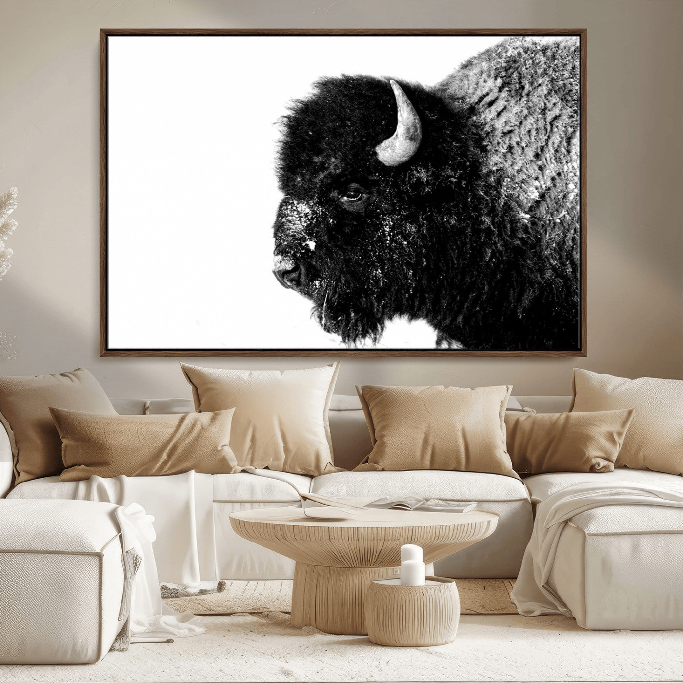 68780-MGV-CV-36X24-Bison Close-Up Wall Art – Black and White Buffalo Canvas Print, Rustic Wildlife Photography Decor for Living Room, Office, or