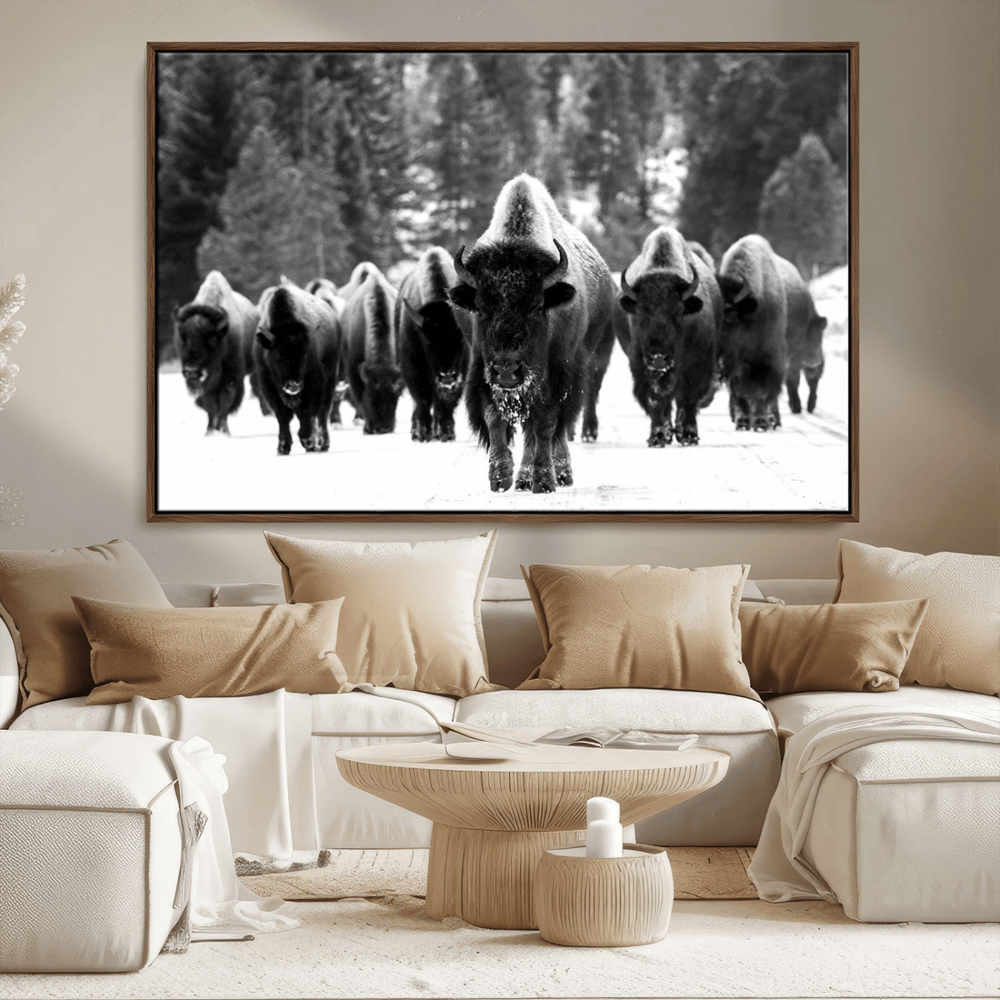 62434-MGV-FC-36X24_Walnut-Bison Herd Wall Art – Majestic Black and White Buffalo Canvas Print, Wildlife Nature Photography Decor for Living Room, Office or