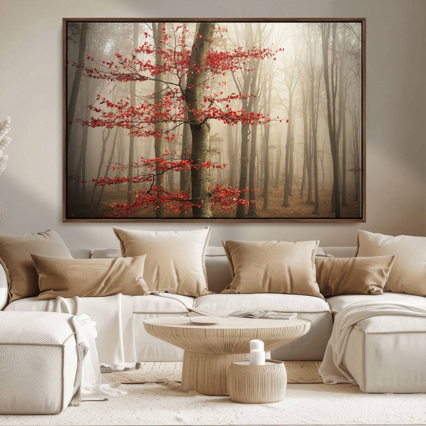 61855-MGV-FC-36X24_Walnut-Misty Forest Wall Art – Red Tree with Autumn Leaves Canvas Print, Moody Woodland Nature Decor for Living Room, Bedroom, or Office