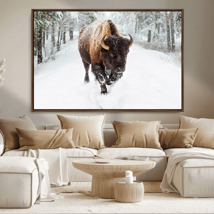 84699-MGV-FC-36X24_Walnut-Bison in Winter Wall Art – Majestic Buffalo Canvas Print with Snowy Forest Landscape, Rustic Wildlife Artwork for Cabin, Living
