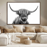 10123-MGV-CV-36X24-Black and White Highland Cow Wall Art – Modern Farmhouse Animal Print, Rustic Scottish Bull Canvas Decor for Living Room, Bedroom,