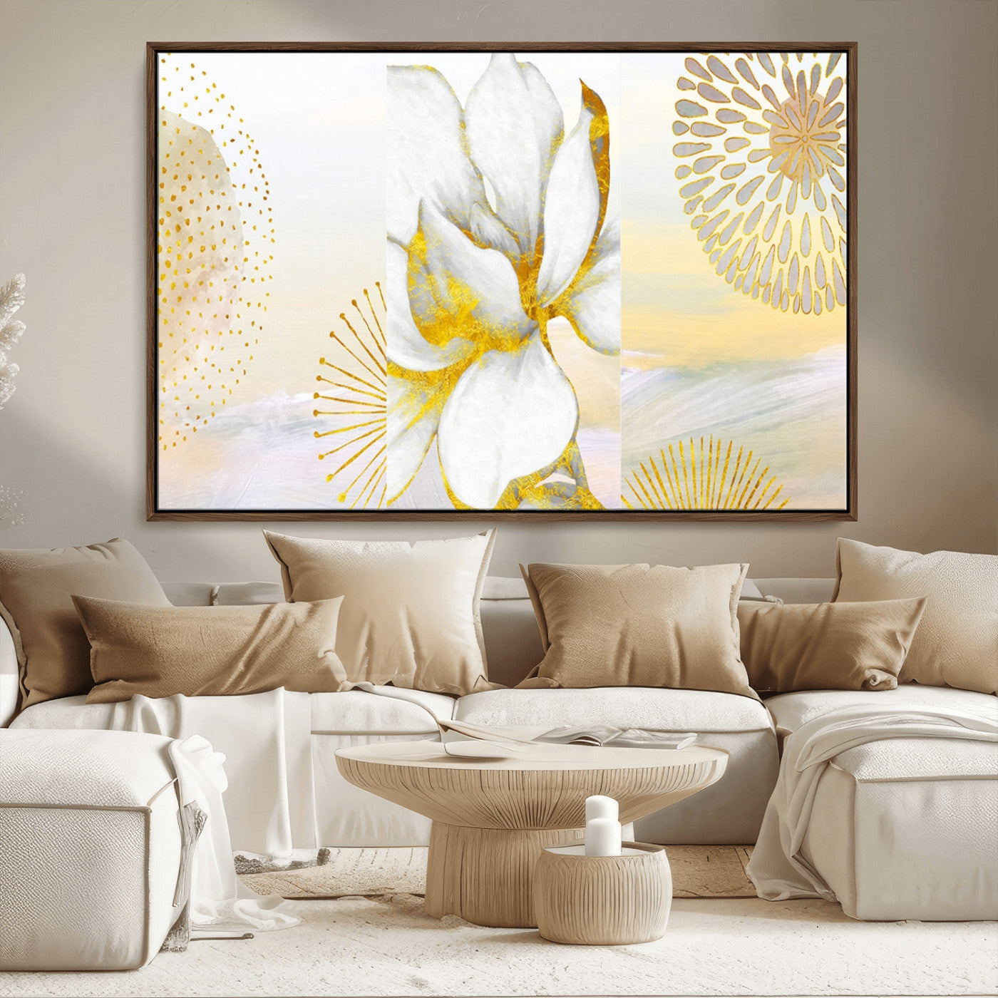 82301-MGV-CV-36X24-Modern Floral Wall Art – White Flower with Gold Detailing Canvas Print, Elegant Abstract Artwork for Living Room, Bedroom, or