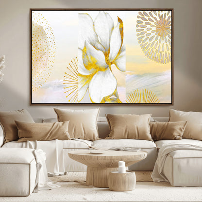82301-MGV-CV-36X24-Modern Floral Wall Art – White Flower with Gold Detailing Canvas Print, Elegant Abstract Artwork for Living Room, Bedroom, or
