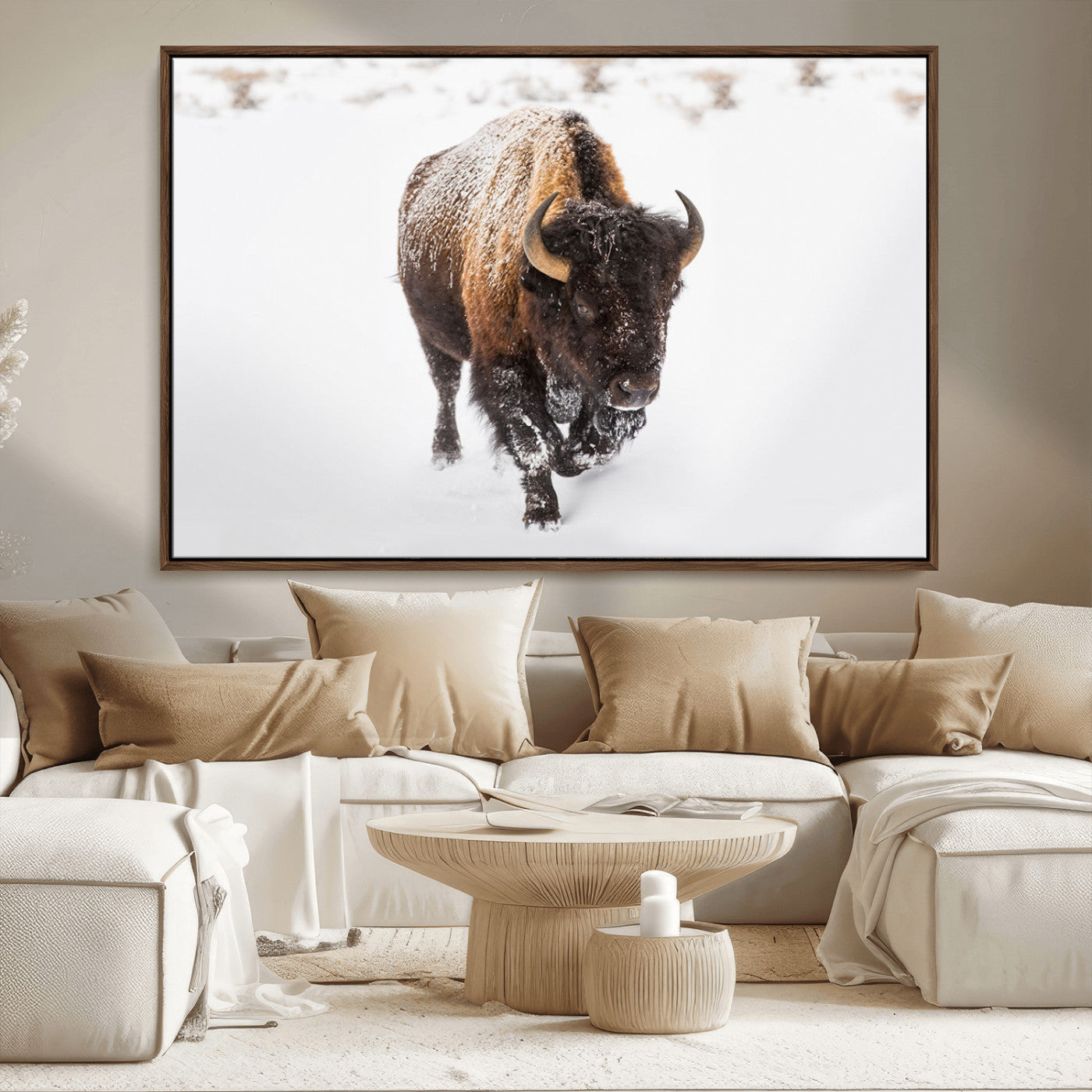 19889-MGV-CV-36X24-Snow Bison Wall Art – Majestic Buffalo Winter Landscape Canvas Print, Rustic Wildlife Photography Decor for Cabin, Lodge, Living