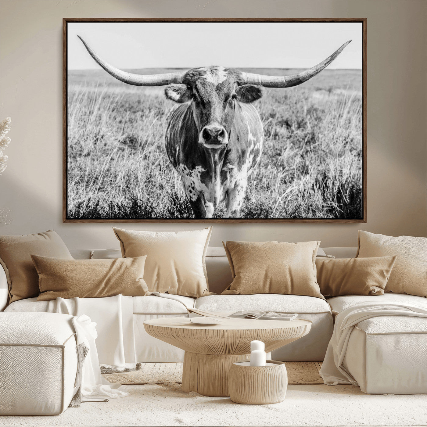 77320-MGV-CV-36X24-Texas Longhorn Wall Art – Black and White Western Cattle Canvas Print, Rustic Farmhouse Animal Photography Decor for Living Room,