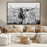 77320-MGV-CV-36X24-Texas Longhorn Wall Art – Black and White Western Cattle Canvas Print, Rustic Farmhouse Animal Photography Decor for Living Room,
