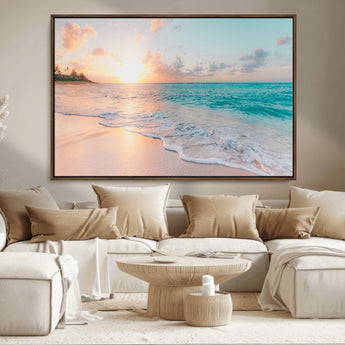 36554-MGV-CV-36X24-Tropical Beach Sunset Wall Art – Ocean Waves and Palm Canvas Print, Coastal Seascape Photography Decor for Living Room, Bedroom,