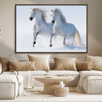 80145-MGV-CV-36X24-White Horses Running Snow Wall Art – Majestic Equine Canvas Print, Winter Nature Photography Decor for Living Room, Office,