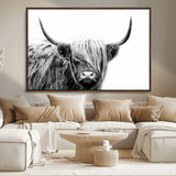 51957-MGV-CV-36X24-Highland Cow Wall Art – Black and White Scottish Highland Bull Canvas Print, Rustic Farmhouse Animal Decor for Living Room,
