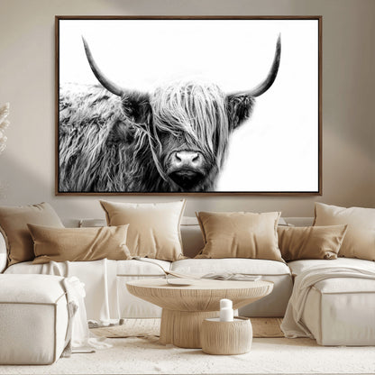 51957-MGV-CV-36X24-Highland Cow Wall Art – Black and White Scottish Highland Bull Canvas Print, Rustic Farmhouse Animal Decor for Living Room,