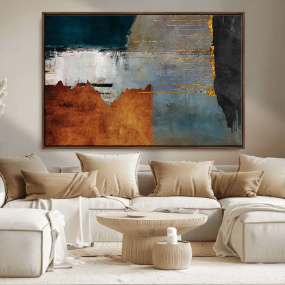 35026-MGV-FC-36X24_Walnut-Abstract Canvas Wall Art – Modern Teal, Rust, Black and Gold Textured Painting, Contemporary Decor for Living Room, Bedroom or