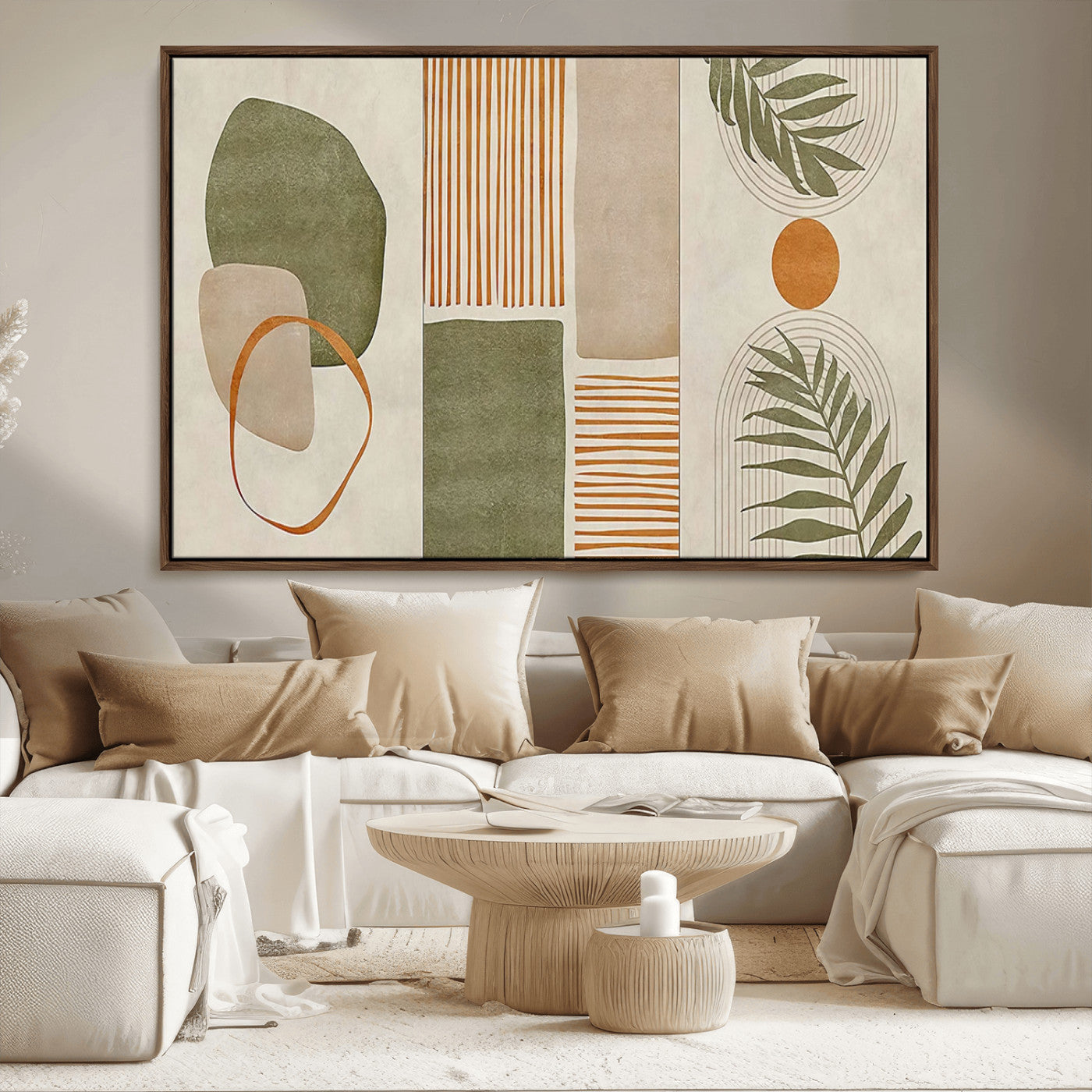 96002-MGV-FC-36X24_Walnut-Abstract Geometric Wall Art – Modern Canvas Print with Green, Orange & Beige Shapes, Minimalist Home Decor for Living Room, Office