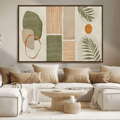 96002-MGV-FC-36X24_Walnut-Abstract Geometric Wall Art – Modern Canvas Print with Green, Orange & Beige Shapes, Minimalist Home Decor for Living Room, Office
