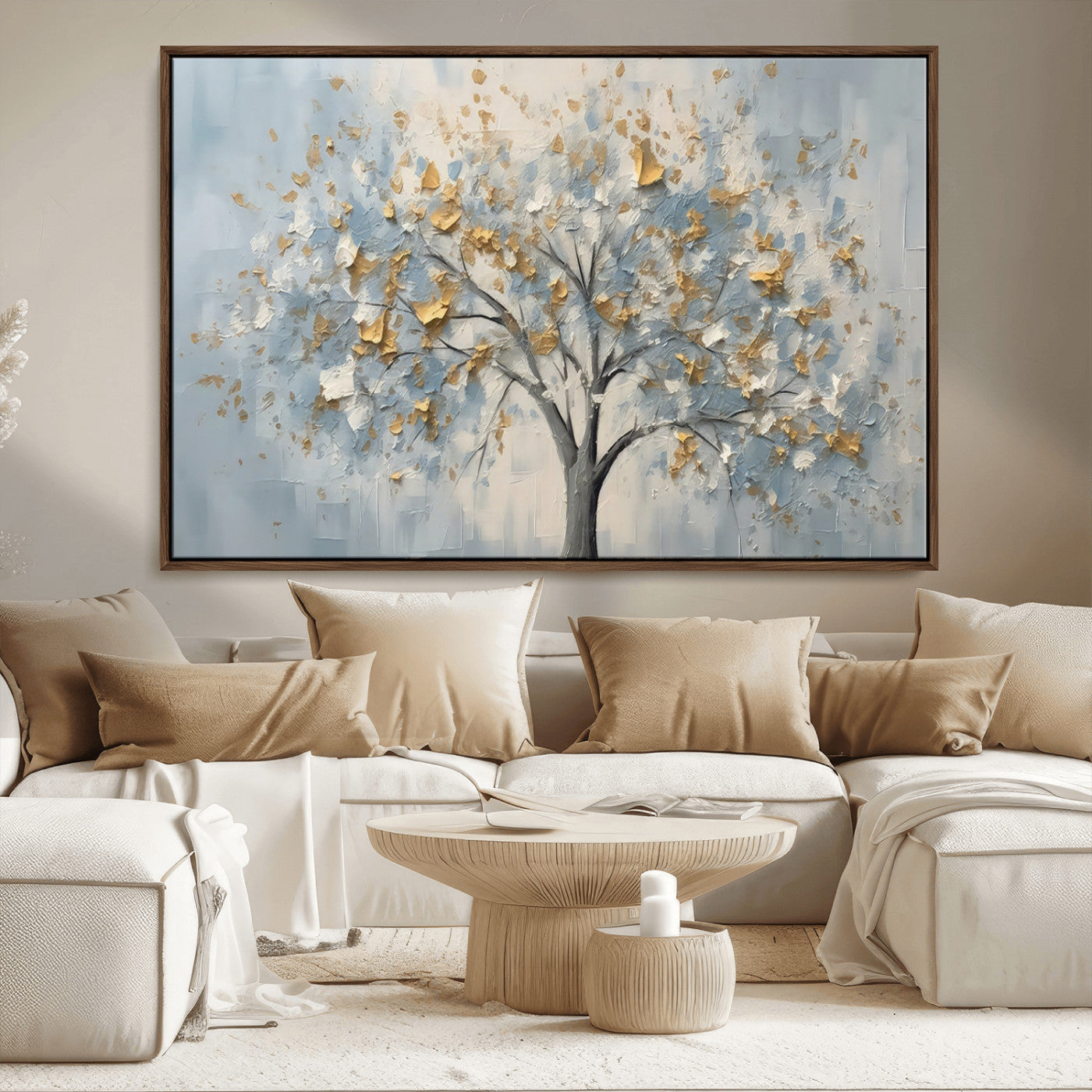 65811-MGV-CV-36X24-Abstract Tree Wall Art – Textured Canvas Painting with Gold and White Leaves, Modern Nature Inspired Decor for Living Room or