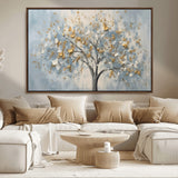 65811-MGV-CV-36X24-Abstract Tree Wall Art – Textured Canvas Painting with Gold and White Leaves, Modern Nature Inspired Decor for Living Room or