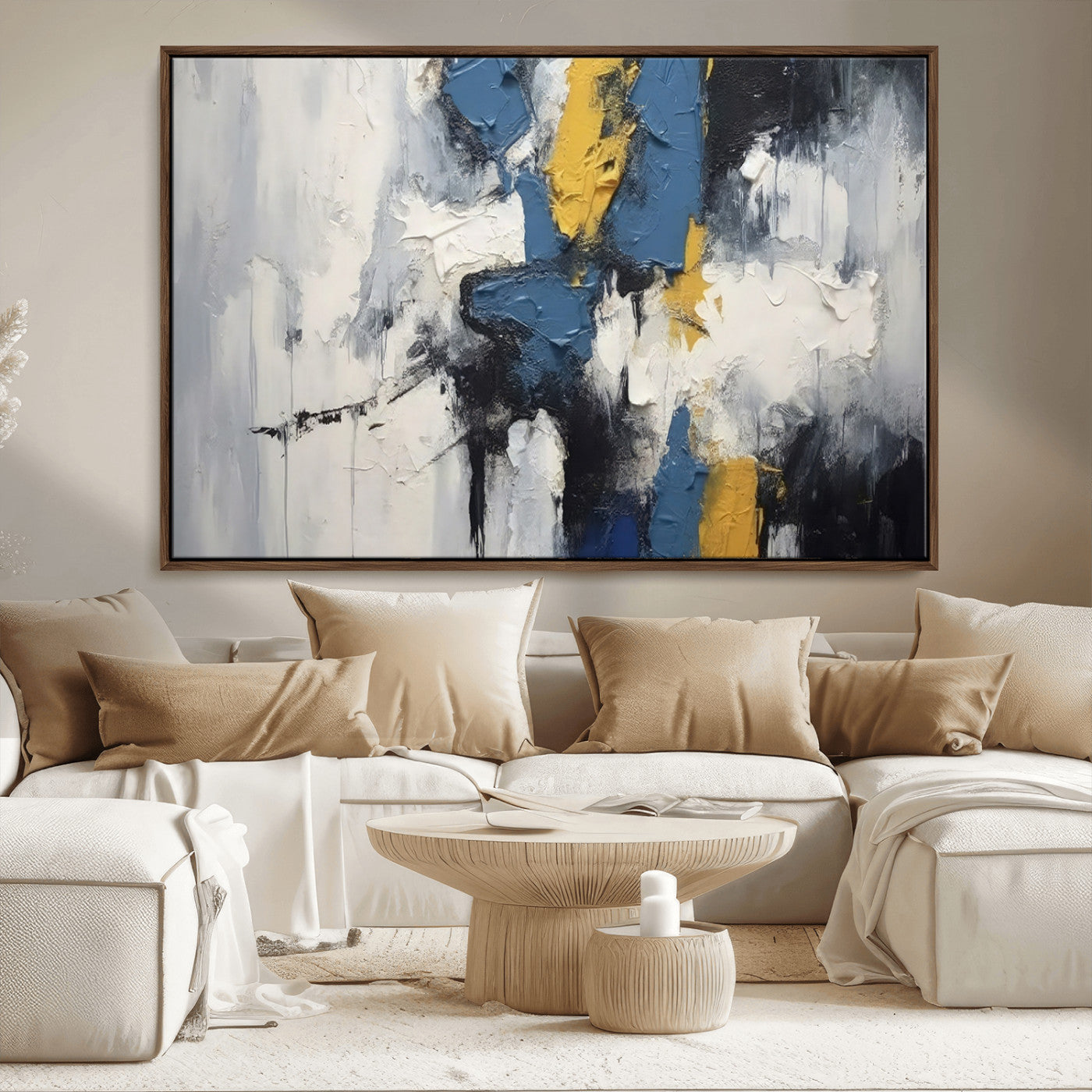 63850-MGV-FC-36X24_Walnut-Abstract Blue and Yellow Wall Art – Modern Textured Canvas Painting, Bold Contemporary Artwork for Living Room, Bedroom or Office