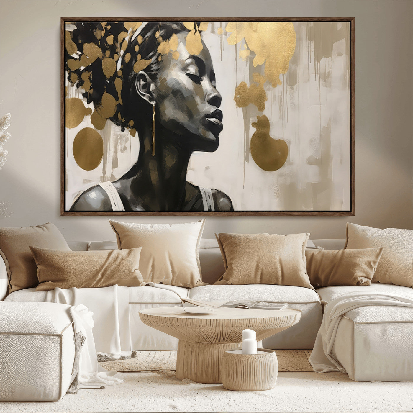 65669-MGV-CV-36X24-Elegant Black Woman Wall Art – Modern Abstract Portrait Canvas with Gold Accents, Contemporary Afrocentric Decor for Living Room