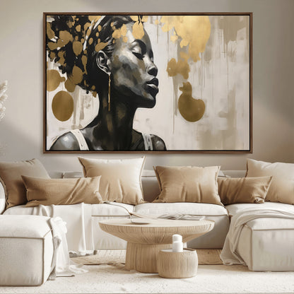 65669-MGV-CV-36X24-Elegant Black Woman Wall Art – Modern Abstract Portrait Canvas with Gold Accents, Contemporary Afrocentric Decor for Living Room