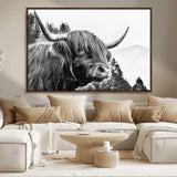 61570-MGV-CV-36X24-Highland Cow Wall Art – Black and White Scottish Bull Canvas Print, Rustic Farmhouse Animal Decor for Living Room, Bedroom, or