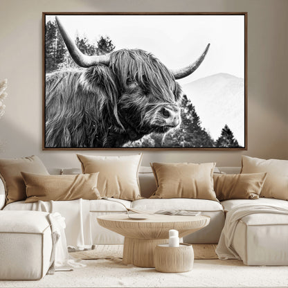 61570-MGV-CV-36X24-Highland Cow Wall Art – Black and White Scottish Bull Canvas Print, Rustic Farmhouse Animal Decor for Living Room, Bedroom, or