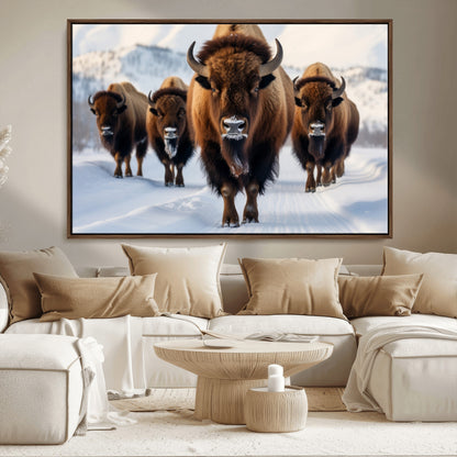 56701-MGV-FC-36X24_Walnut-Bison Herd Wall Art – Buffalo Walking in Snowy Mountains Canvas Print, Rustic Wildlife Decor for Cabin, Lodge, or Living Room