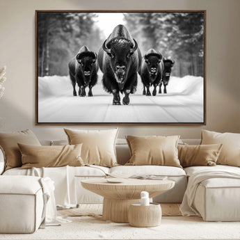 45287-MGV-FC-36X24_Walnut-Bison Herd Wall Art – Black and White Buffalo Snow Road Canvas Print, Rustic Wildlife Decor for Cabin, Lodge or Living Room