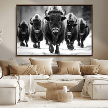 79872-MGV-CV-36X24-Bison Herd Wall Art – Black and White Buffalo on Snow Canvas Print, Rustic Wildlife Decor for Lodge, Cabin, or Living Room