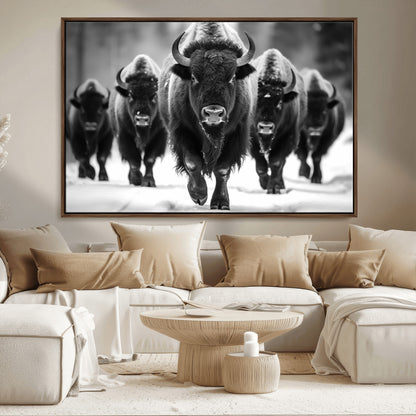 79872-MGV-CV-36X24-Bison Herd Wall Art – Black and White Buffalo on Snow Canvas Print, Rustic Wildlife Decor for Lodge, Cabin, or Living Room