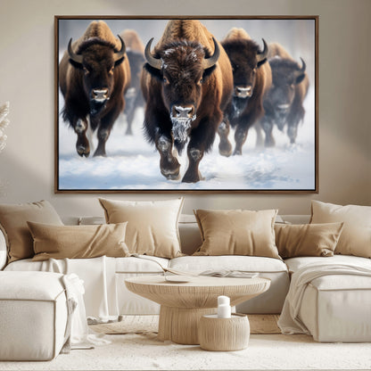 80512-MGV-CV-36X24-Bison Herd Wall Art – Buffalo Running in Snow Canvas Print, Rustic Wildlife Photography Decor for Cabin, Lodge, or Living Room