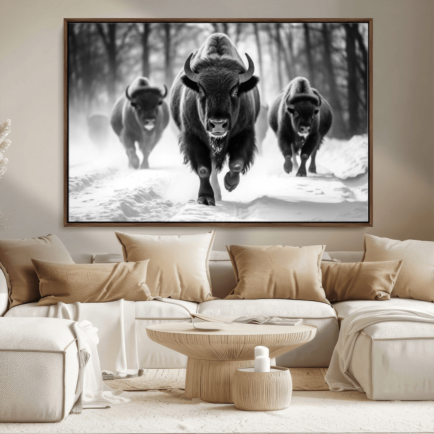 97552-MGV-FC-36X24_Walnut-Black and White Bison Wall Art – Buffalo Herd Running in Snow Canvas Print, Rustic Wildlife Photography Decor for Cabin, Lodge, or