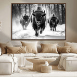 97552-MGV-FC-36X24_Walnut-Black and White Bison Wall Art – Buffalo Herd Running in Snow Canvas Print, Rustic Wildlife Photography Decor for Cabin, Lodge, or