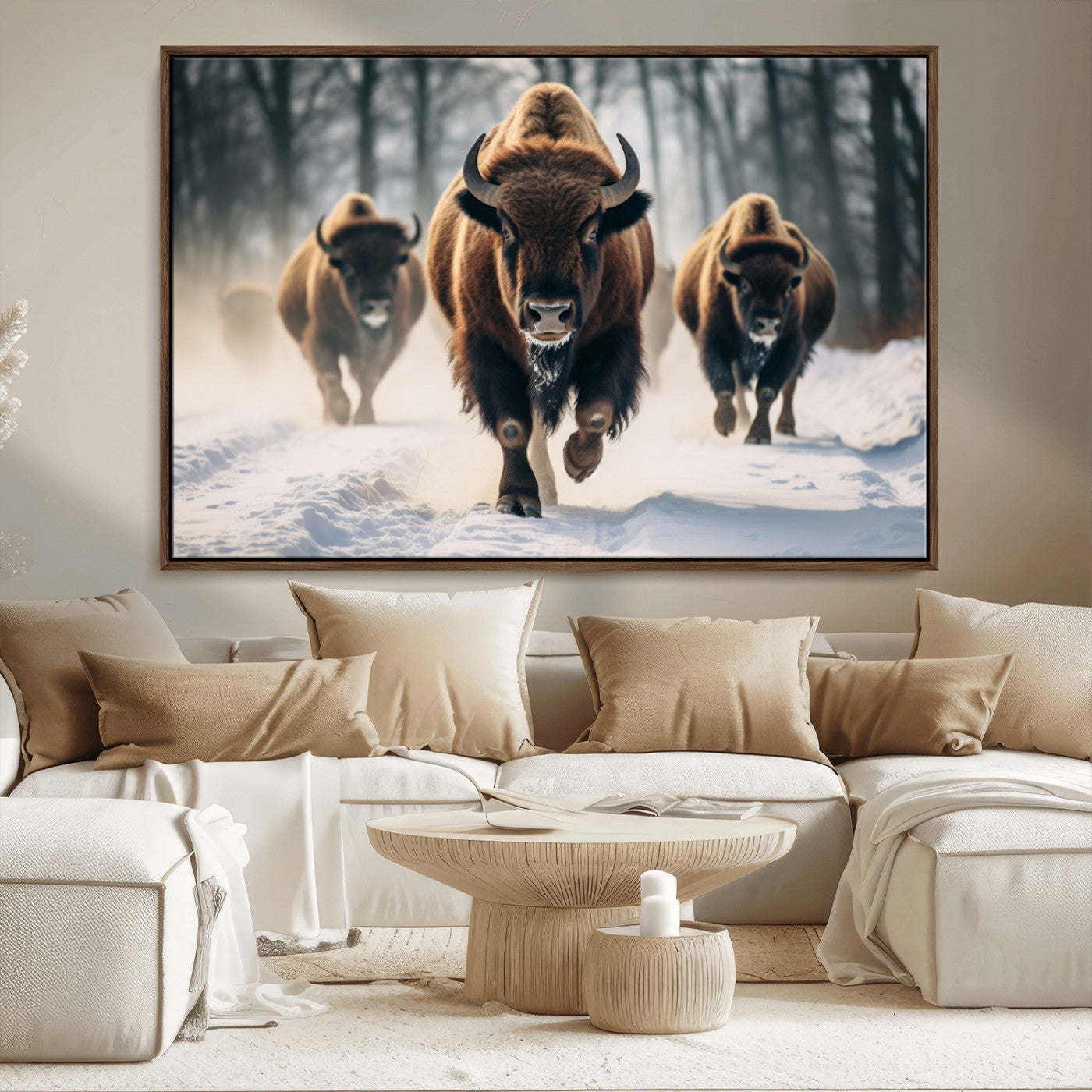 56549-MGV-CV-36X24-Wild Bison Wall Art – Majestic Buffalo Herd Running in Snow Canvas Print, Rustic Wildlife Photography Decor for Cabin, Lodge, or