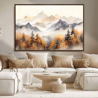 70049-MGV-CV-36X24-Autumn Mountain Forest Wall Art – Misty Landscape Canvas Print, Rustic Nature Inspired Decor for Living Room, Bedroom or Office