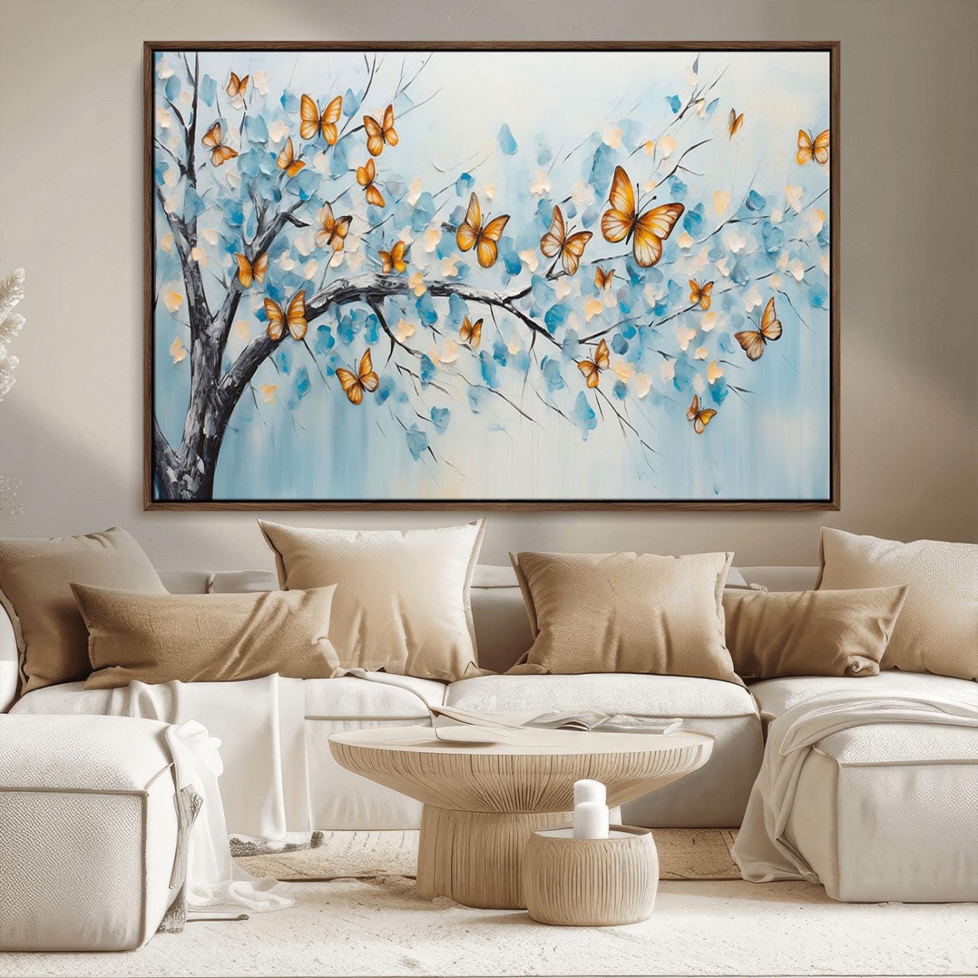 59455-MGV-CV-36X24-Butterfly Tree Branch Wall Art – Blue and Yellow Abstract Canvas Print, Modern Nature Artwork for Living Room, Bedroom or Office