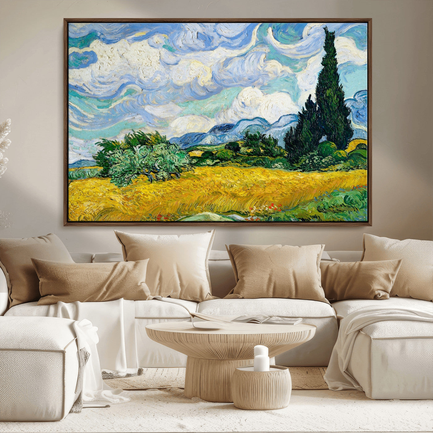 97252-MGV-FC-36X24_Walnut-Wheat Field with Cypress – Van Gogh Wall Art, Impressionist Landscape Canvas Print, Rustic Home Decor for Living Room or Office