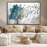 37564-MGV-FC-36X24_Walnut-Butterfly Tree Wall Art – Modern Nature Canvas Print with Blue and Golden Butterflies, Elegant Decorative Painting for Living Room