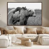 76338-MGV-CV-36X24-Mother Bear and Cub Wall Art – Black and White Wildlife Canvas Print, Rustic Nature Photography for Cabin, Living Room or Office