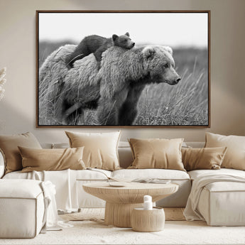 76338-MGV-CV-36X24-Mother Bear and Cub Wall Art – Black and White Wildlife Canvas Print, Rustic Nature Photography for Cabin, Living Room or Office