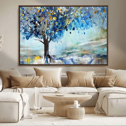17018-MGV-CV-36X24-Abstract Blue Tree Wall Art – Colorful Canvas Painting with Gold and Silver Accents, Modern Nature Artwork for Living Room,