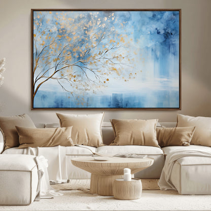 23891-MGV-FC-36X24_Walnut-Abstract Tree Wall Art – Minimalist Blue and Gold Canvas Painting, Elegant Nature-Inspired Artwork for Living Room, Bedroom or