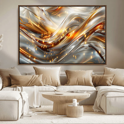 Lines1-MGV-CV-36X24-Abstract Metallic Wall Art – Silver and Gold Wave Canvas Print with Sparkling Accents, Modern Luxury Decor for Living Room, Office
