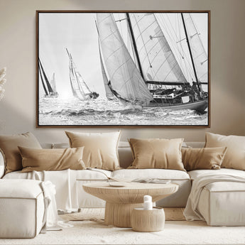 Boat-1-MGV-CV-36X24-Sailboat Racing Wall Art – Nautical Black and White Canvas Print, Ocean Adventure Decor for Office, Living Room or Bedroom