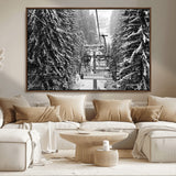 19240-MGV-FC-36X24_Walnut-Ski Lift Wall Art – Black and White Winter Mountain Canvas Print, Snowy Forest Ski Resort Photography for Cabin, Lodge, Office or