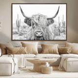94579-MGV-FC-36X24_Walnut-Highland Cow Wall Art – Black and White Longhorn Canvas Print, Rustic Western Farmhouse Animal Photography for Living Room,