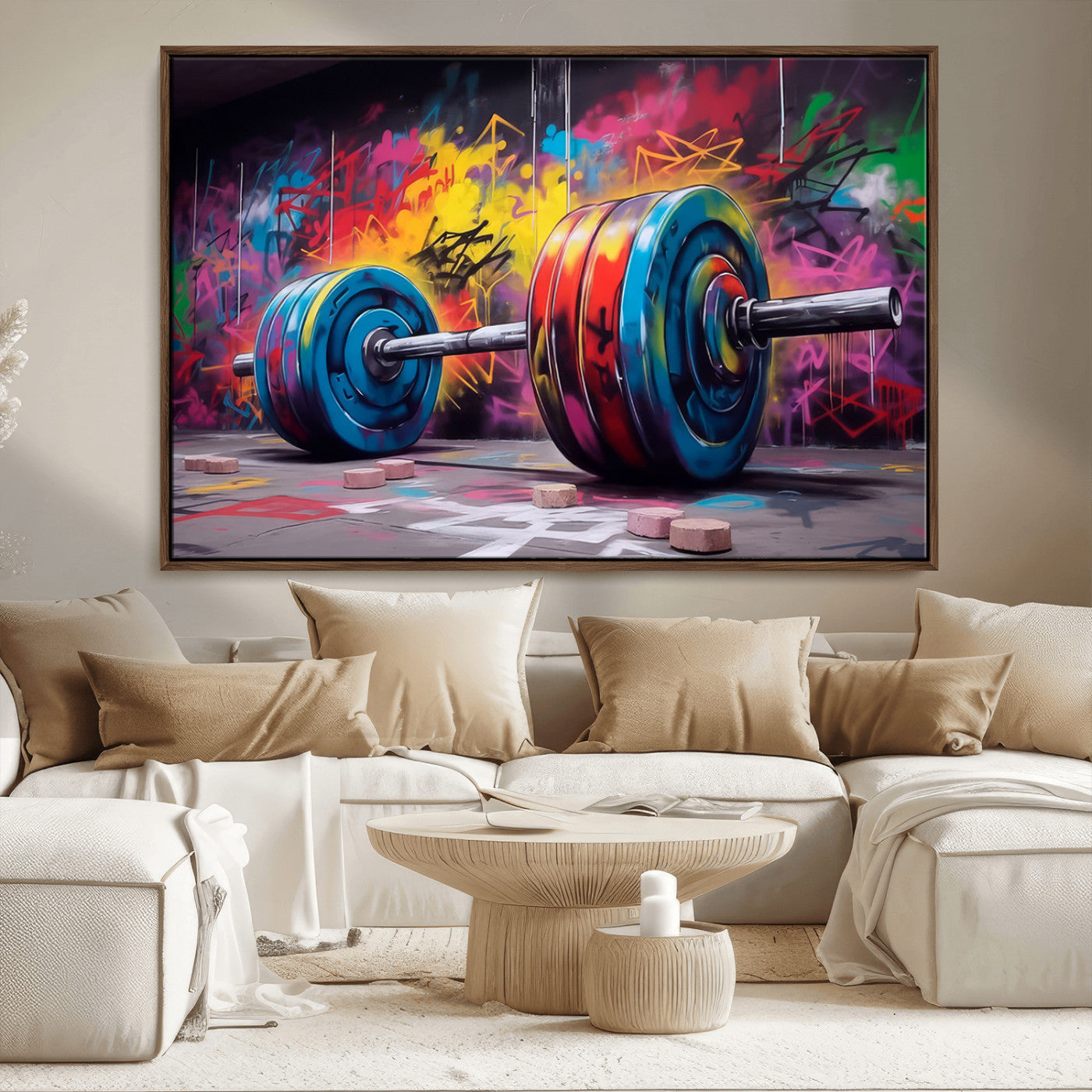 13549-MGV-CV-36X24-Graffiti Gym Wall Art Canvas Print, Framed Graffiti Barbell Art Picture Print, Weightlifting Perfect Fitness Studio Decor Artwork