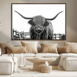 58188-MGV-CV-36X24-Highland Cow Wall Art – Black and White Rustic Farmhouse Canvas Print, Longhorn Cattle Photography Decor for Living Room or