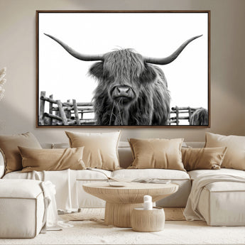 58188-MGV-CV-36X24-Highland Cow Wall Art – Black and White Rustic Farmhouse Canvas Print, Longhorn Cattle Photography Decor for Living Room or