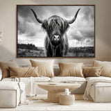 17924-MGV-CV-36X24-Highland Cow Wall Art – Black and White Rustic Longhorn Cattle Canvas Print, Farmhouse Animal Photography Decor for Country Home
